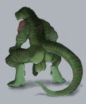  2023 anthro balls butt claws crouching digital_drawing_(artwork) digital_media_(artwork) digitigrade flaccid genitals glans gyfu hi_res humanoid_genitalia humanoid_penis male muscular muscular_anthro muscular_male penis rear_view red_eyes scalie scar simple_background solo tail toe_claws 