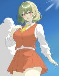  1girl absurdres blue_sky breasts cloud collared_shirt commentary cowboy_shot green_hair highres kazami_yuuka large_breasts long_sleeves looking_at_viewer miniskirt necktie open_mouth outdoors red_eyes red_skirt red_vest shirokumall shirt short_hair skirt sky solo standing touhou vest white_shirt yellow_necktie 