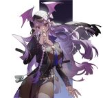  1girl absurdres arknights black_shirt bodystocking braid breasts covering_mouth cowboy_shot hand_over_own_mouth hand_up head_wings highres jewelry long_hair long_sleeves manticore_(arknights) manticore_(under_a_veil)_(arknights) official_alternate_costume pointy_ears purple_eyes purple_hair ring rkt43v6e1aatxka shirt simple_background solo underboob very_long_hair white_background wings 