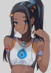  1girl alternate_hairstyle armlet black_hair blue_eyes blue_hair breasts closed_mouth commentary_request crop_top dark-skinned_female dark_skin earrings grey_background hair_ornament hand_up highres hoop_earrings jewelry long_hair multicolored_hair necklace nessa_(pokemon) pokemon pokemon_swsh ponytail sidelocks solo two-tone_hair ume_(ume_445) upper_body 