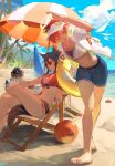  2girls ;d absurdres arknights bare_legs barefoot beach beach_umbrella bikini bird blue_sky cloud commentary_request day denim denim_shorts exusiai_(arknights) halo highres multiple_girls navel ocean one_eye_closed open_clothes open_mouth open_shirt outdoors palm_tree penguin red_bikini red_eyes red_hair shirt shorts sitting sky smile stomach sunglasses swimsuit tail tangguanguanguanguanguanguan texas_(arknights) the_emperor_(arknights) thighs tree umbrella visor_cap water white_bikini white_shirt wolf_tail 