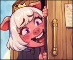  2023 anthro blush crown cyancapsule domestic_pig door emelie_(cyancapsule) english_text female hair headgear mammal open_mouth open_smile pink_body purple_eyes smile solo suid suina sus_(pig) text white_hair 