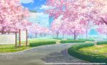  blue_sky cherry_blossoms city cloud cloudy_sky copyright_name english_text grass hedge map no_humans ono_tomohiro original park path plant project_sekai scenery shadow sign sky tree 