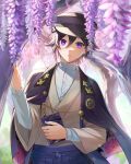  1boy black_cape black_hair black_headwear black_nails blue_hakama blurry book brown_kimono cape day depth_of_field double-parted_bangs dress_shirt ear_piercing earrings floral_print flower hair_between_eyes hakama hat highres holding holding_book holostars japanese_clothes jewelry kanade_izuru kikumon kimono lapels looking_at_viewer male_focus n@o_(nao) official_alternate_costume parted_lips peaked_cap piercing purple_eyes purple_flower sakuramon shirt shosei solo tassel tree two-sided_cape two-sided_fabric upper_body virtual_youtuber white_shirt wisteria 