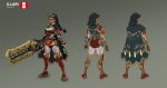  1girl black_cape black_hair braid cape character_name concept_art dark-skinned_female dark_skin english_commentary english_text highres illari_(overwatch) long_hair official_art open_hand overwatch overwatch_2 peruvian_flag second-party_source simple_background solo v-shaped_eyebrows weapon 
