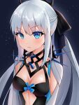  1girl 77_asuka black_background black_dress black_ribbon blue_eyes braid breasts cleavage commentary crown dress fate/grand_order fate_(series) french_braid highres long_hair morgan_le_fay_(fate) ponytail ribbon solo spikes white_hair 