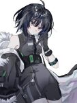  1girl ahoge arknights bare_shoulders black_gloves black_hair black_jacket black_shorts blue_eyes breasts closed_mouth commentary_request gloves grey_feathers grey_shirt hair_between_eyes hair_intakes hair_ornament hairclip hand_up highres jacket la_pluma_(arknights) long_sleeves looking_at_viewer mamiqiufan medium_breasts off_shoulder shirt short_shorts shorts simple_background sleeveless sleeveless_shirt solo white_background 
