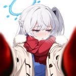  1girl blue_archive blush braid coat crown_braid fur-trimmed_coat fur_trim hair_between_eyes halo long_hair looking_to_the_side miyako_(blue_archive) one_side_up open_clothes open_coat open_mouth purple_eyes red_scarf ripnte scarf solo upper_body white_background white_coat white_hair 