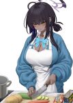  1girl absurdres apron b-pang black_hair blue_archive blue_sweater blush bow bowtie breasts cleavage cutting_board dark-skinned_female dark_skin food halo highres karin_(blue_archive) knife large_breasts long_hair long_sleeves sidelocks solo sweater vegetable yellow_eyes 