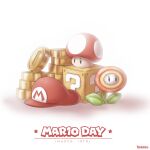  ?_block artist_name coin elcajarito english_text fire_flower gold_coin hat highres mario_(series) mario_day no_humans red_headwear simple_background super_mushroom watermark white_background 
