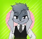  ambiguous_gender anthro clothed clothing digital_media_(artwork) domestic_rabbit floppy_ears fur hair hi_res humanoid hypohate lagomorph leporid looking_at_viewer lop_ears lop_rabbit male mammal necktie oryctolagus ourobunny rabbit shirt simple_background smile solo suit topwear 