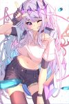  1girl ;p absurdres backpack bag black_shorts black_thighhighs black_wristband blue_hair collarbone crop_top fingerless_gloves gem gloves gradient_hair grey_hair hand_up headpiece highres hololive koseki_bijou long_hair multicolored_hair navel one_eye_closed purple_eyes purple_gemstone purple_hair shirt shorts solo the0neulost thighhighs tongue tongue_out white_shirt 