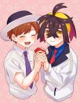  2boys :d ahoge blue_shirt blush breast_pocket brown_hair closed_eyes closed_mouth collared_shirt crossed_bangs florian_(pokemon) hair_between_eyes hairband hands_up hat highres holding_hands jacket kieran_(pokemon) male_focus mochi_(mocchi_p_2m) multiple_boys necktie open_mouth pink_background pocket pokemon pokemon_(game) pokemon_sv purple_necktie red_necktie school_uniform shirt short_hair smile teeth tongue upper_body upper_teeth_only white_headwear white_jacket white_shirt yellow_hairband 