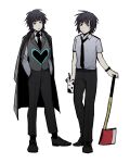  1boy absurdres axe belt black_belt black_hair black_necktie black_socks closed_mouth coat coat_on_shoulders collared_shirt commentary_request e.g.o_(project_moon) employee_(lobotomy_corporation) green_eyes grey_coat grey_footwear grey_pants grey_vest hands_in_pockets highres holding holding_axe lobotomy_corporation male_focus multiple_views necktie pants project_moon shirt short_sleeves simple_background smoke_(killscreen_s) socks variations vest white_background white_shirt 