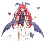  1girl barefoot bat_wings formal heart koakuma long_hair looking_at_viewer necktie primsla simple_background smile solo solo_focus suit touhou white_background wings 
