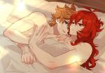  2boys bed blanket blue_eyes closed_mouth genshin_impact hiki_yuichi long_hair lying multiple_boys nude open_mouth orange_hair pillow red_eyes red_hair topless_male yaoi 