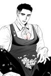  1boy apron bara beware_the_ides_of_march chlthd_990 collared_shirt flower greyscale hair_flower hair_ornament highres large_pectorals male_focus monochrome muscular muscular_male open_mouth pants park_mok-hwa partially_unbuttoned pectorals petals shirt short_hair simple_background sitting solo 