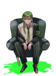  1boy absurdres armband armchair black_coat black_pants chair closed_mouth coat collared_shirt enkephalin_(project_moon) green_armband green_eyes green_hair green_necktie highres lobotomy_corporation long_hair long_sleeves looking_at_viewer male_focus msx_(mis4xi) necktie netzach_(project_moon) pants project_moon shirt simple_background sitting solo very_long_hair white_background white_shirt 
