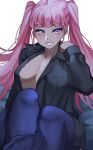  1girl areola_slip black_pantyhose black_shirt blush borrowed_clothes breasts ceroccb collared_shirt commentary english_commentary fire_emblem fire_emblem:_three_houses grin highres hilda_valentine_goneril large_breasts long_hair long_sleeves looking_at_viewer no_shoes open_clothes open_shirt pantyhose pink_eyes pink_hair shirt simple_background smile solo teeth twintails very_long_hair white_background 