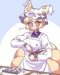  1girl blonde_hair blush bowl breasts chocolate fox_girl fox_tail holding holding_bowl large_breasts littlecloudie long_sleeves mixing_bowl parted_lips short_hair solo tail touhou white_headwear yakumo_ran yellow_eyes 
