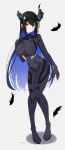  1girl absurdres asymmetrical_horns black_hair blue_hair bodysuit breasts colored_inner_hair demon_horns grey_bodysuit hair_ornament highres hololive hololive_english horns large_breasts long_hair long_legs looking_at_viewer magui3 mole mole_under_eye multicolored_hair neon_genesis_evangelion nerissa_ravencroft pilot_suit plugsuit red_eyes solo two-tone_hair uneven_horns very_long_hair virtual_youtuber 