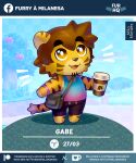  animal_crossing animal_crossing_boy anthro aries_(symbol) bag beverage bottomwear bracelet brown_hair cheek_stripes chibi chubby_anthro chubby_male clothed clothing container cup cute_expression date_celebration digital_media_(artwork) feet felid feline fur gabe_(mytigertail) hair hi_res hotpants jewelry male mammal mila.moraes nintendo open_mouth overweight pantherine pictographics shirt shorts slightly_chubby slightly_chubby_male smile solo solo_focus tail tank_top text tiger topwear western_zodiac 