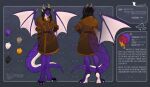  2023 amethyst_aur anthro black_hair black_sclera claws clothing coat dragon female front_view fur_lined_clothing gold_blood hair hi_res horn information_box light_armor model_sheet momhopantsu purple_body purple_scales rear_view scales signature solo spread_wings tail tall thick_tail topwear wings yellow_eyes 