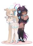  2girls animal_ears arm_under_breasts asuna_(blue_archive) babydoll black_footwear black_hair black_panties black_thighhighs blue_archive blue_eyes blush bow breasts cleavage closed_mouth clothing_cutout dark-skinned_female dark_skin detached_sleeves gloves gradient_background gradient_hair hair_bow hair_over_one_eye hair_ribbon halo heart_cutout high_heels highres karin_(blue_archive) large_breasts light_brown_hair long_hair looking_at_viewer mole mole_on_breast multicolored_hair multiple_girls open_mouth orange_eyes panties paw_pose ponytail purple_hair ribbon sansuke3939 see-through side-tie_panties simple_background tail thighhighs underwear very_long_hair white_background white_footwear white_gloves white_panties white_thighhighs 