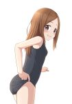  1girl ass bare_arms bare_shoulders black_one-piece_swimsuit blush breasts brown_eyes brown_hair clothes_lift commentary_request forehead grin highres karakai_jouzu_no_takagi-san lifted_by_self long_hair looking_at_viewer looking_back one-piece_swimsuit parted_bangs school_swimsuit simple_background small_breasts smile solo swimsuit swimsuit_lift takagi-san takasuma_hiro white_background 