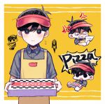  2boys anger_vein angry antenna_hair apron black_eyes black_hair blush border box bright_pupils buttons clenched_teeth closed_mouth collared_shirt flying_sweatdrops food grey_shirt hair_between_eyes hat highres holding holding_box holding_food holding_pizza looking_at_viewer male_focus multiple_boys omori omori_(omori) open_mouth outside_border paper pizza pizza_box pizza_slice red_headwear shirt short_hair short_sleeves simple_background solo_focus something_(omori) speech_bubble straight-on sunny_(omori) sweatdrop teeth upper_body v-shaped_eyebrows visor_cap wavy_mouth white_border white_pupils wing_collar yellow_apron yellow_background yutsu 