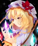  1girl ascot black_background blonde_hair closed_mouth commentary crystal dark_background flandre_scarlet from_side glowing glowing_wings hat highres hyaku_paasento looking_at_hands medium_hair mob_cap multicolored_wings puffy_short_sleeves puffy_sleeves red_eyes red_vest shirt short_sleeves solo symbol-only_commentary touhou upper_body vest white_headwear white_shirt wings yellow_ascot 