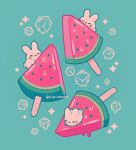  3others :&lt; blush closed_eyes emily_kim facial_mark food fruit green_background highres ice ice_cream ice_cube minimized multiple_others no_humans original rabbit sparkle twitter_username watermelon watermelon_slice whisker_markings 