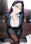  1girl :o black_hair black_jacket black_skirt blue_eyes blueorca blush breasts cleavage coffee coffee_mug collarbone collared_shirt crossed_legs cup desk fine_fabric_emphasis folder from_above glasses hair_between_eyes hand_rest highres jacket large_breasts long_hair looking_at_viewer mole mole_on_breast mole_under_mouth monitor mug office_lady on_desk original pantyhose parted_lips pencil_skirt semi-rimless_eyewear shirt sitting sitting_on_desk skirt solo thighs unbuttoned unbuttoned_shirt 