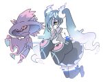  1girl bare_shoulders black_skirt black_sleeves black_thighhighs colored_sclera detached_legs detached_sleeves floating full_body ghost_miku_(project_voltage) glitch gradient_hair grey_shirt hat hatsune_miku highres long_hair mismagius multicolored_hair necktie pale_skin parted_lips pokemon pokemon_(creature) project_voltage red_eyes see-through see-through_skirt shirt simple_background skirt sleeves_past_fingers sleeves_past_wrists solo thighhighs twintails very_long_hair vocaloid white_background white_hair white_necktie will-o&#039;-the-wisp_(mythology) witch_hat yellow_eyes yellow_sclera yunayuispink 