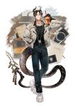  1boy alternate_costume arknights belt black_belt black_gloves black_hair black_shirt blue_pants border brown_hair bubble_tea camera chong_yue_(arknights) closed_mouth collarbone crossed_ankles cup disposable_cup dragon_boy dragon_horns dragon_tail drinking_straw earrings fading_border gloves grey_jacket hair_over_shoulder hand_in_pocket hdjeiiz7fwfwrnt highres holding holding_cup horns jacket jewelry lanyard lapels long_hair long_sleeves looking_at_viewer low_ponytail male_focus multicolored_hair notched_lapels open_clothes open_jacket outside_border pants parted_bangs pointy_ears postage_stamp postcard red_eyes shirt shoes single_earring smile sneakers solo standing streaked_hair stud_earrings tail train train_station white_background white_footwear 