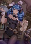  2girls alternate_costume animal animal_ears bare_shoulders battle_bunny_riven black_bow black_bowtie black_leotard blue_hair bow bowtie breasts brown_pantyhose cat cleavage covered_navel cowboy_shot detached_collar drill_hair fake_animal_ears grey_hair gwen_(league_of_legends) highres holding holding_bill holding_plate holding_tray holding_weapon kureko0w0 large_breasts league_of_legends leotard multiple_girls mushroom official_alternate_costume pantyhose plate poppy_(league_of_legends) pouch rabbit_ears riven_(league_of_legends) short_hair tray twin_drills twintails weapon wrist_cuffs yuumi_(league_of_legends) 