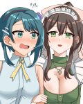  2girls aizawa_kazuha aqua_eyes arm_at_side assault_lily asymmetrical_hair bare_arms bare_shoulders black_hairband blue_eyes blush bow breasts brown_bow brown_hair cleavage cleavage_cutout clothing_cutout collared_shirt commentary_request flying_sweatdrops frills green_eyes green_shirt grey_shirt hair_between_eyes hair_bow hair_ornament hairband hairclip hand_on_another&#039;s_arm hand_up high_ponytail highres jewelry korean_commentary large_breasts long_hair looking_at_viewer looking_away looking_to_the_side maid maid_headdress multiple_girls necklace nose_blush official_alternate_costume open_mouth parted_lips pendant ponytail serizawa_chikaru shirt side-by-side sidelocks sleeveless sleeveless_shirt solo upper_body wavy_mouth white_background yuhana_(lily_yuhana) 