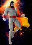  1boy 3d abs absurdres bara bodysuit cape clenched_hand franco_molina full_body highres looking_at_viewer male_focus mask muscular outdoors pectorals solo space space_ghost space_ghost_(series) superhero white_bodysuit white_eyes yellow_cape 