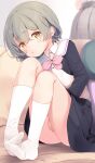  2girls blurry blush blush_stickers bow bowtie brown_hair collar curly_hair depth_of_field highres implied_masturbation kneehighs komone_ushio looking_at_viewer masturbation multiple_girls original panties pantyshot sailor_collar school_uniform sidelocks sitting socks underwear uniform wavy_hair yellow_eyes 