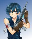  1boy bandaged_arm bandages blood blue_eyes blue_hair brown_gloves energy_gun gloves hinekuru hoshi_wo_miru_hito laser_rifle male_focus minami_(hoshi_wo_miru_hito) scar scar_on_cheek scar_on_face solo stargazer_(series) weapon 