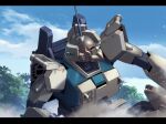  blue_sky cloud cloudy_sky commentary day dust_cloud embers english_commentary g.yamamoto glowing glowing_eye gundam gundam_08th_ms_team gundam_ez8 jungle letterboxed mecha mobile_suit nature no_humans outdoors radio_antenna red_eyes robot science_fiction sky solo tree 