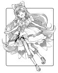  1girl :d ascot bow braid cure_prism dress elbow_gloves frilled_dress frills full_body gloves greyscale hair_bow hirogaru_sky!_precure kari_(kakko_k) long_hair looking_at_viewer magical_girl monochrome nijigaoka_mashiro open_mouth precure smile solo standing very_long_hair white_background wing_hair_ornament 