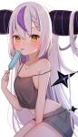 1girl :p ahoge bare_shoulders black_horns braid braided_bangs food grey_hair highres hololive horns la+_darknesss long_hair multicolored_hair oguraponti pointy_ears popsicle purple_hair streaked_hair striped_horns tongue tongue_out yellow_eyes 