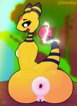  absurd_res ampharos anthro anus big_anus big_butt black_sclera blurred_background blush bodily_fluids butt electricity female first_person_view forest generation_2_pokemon genitals grossdice hi_res nintendo nipples plant pokemon pokemon_(species) presenting presenting_hindquarters puffy_anus pussy sitting solo sweat sweatdrop tail tree yellow_body 
