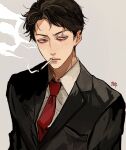  1boy black_jacket brown_hair cigarette closed_mouth collared_shirt formal grey_background highres jacket kagoya1219 looking_at_viewer male_focus necktie original purple_eyes red_necktie shirt short_hair signature simple_background smoke smoking solo upper_body very_short_hair white_shirt 