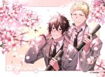  2boys black_eyes black_hair black_necktie blonde_hair blurry cherry_blossoms coat depth_of_field falling_petals flower given grey_coat hand_in_own_hair highres kaji_akihiko male_focus multiple_boys murata_ugetsu necktie outline parted_lips petals pink_flower pinoli_(pinoli66) school_uniform sweater_vest tree_shade upper_body 