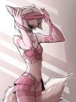  absurd_res anthro armwear blindfold canid canine canis clothing domestic_dog elbow_gloves female fur gloves hair handwear hi_res legwear lingerie lingerie_panties luckyonn mammal pawpads pink_clothing pink_nose pink_pawpads solo stockings white_body white_fur white_hair 