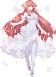  1girl bare_shoulders breasts bug butterfly cleavage detached_sleeves dress flower full_body guinevere_(iron_saga) hair_flower hair_ornament iron_saga long_hair official_alternate_costume official_art pink_hair red_eyes simple_background sola7764 tachi-e thighhighs veil wedding_dress 
