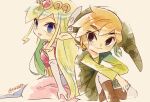 1boy 1girl artist_name blue_eyes commentary_request dress gloves green_shirt hat link looking_at_viewer pink_dress pointy_ears princess_zelda shirt short_hair simple_background smile the_legend_of_zelda the_legend_of_zelda:_spirit_tracks the_legend_of_zelda:_the_wind_waker tokuura toon_link toon_zelda tunic white_gloves 