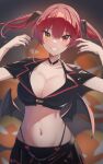  1girl absurdres alternate_costume black_nails blush breasts cleavage collar heterochromia highres hololive houshou_marine large_breasts looking_at_viewer low_wings nail_polish navel red_eyes red_hair red_nails reulem skirt smile solo twintails virtual_youtuber wings yellow_eyes 